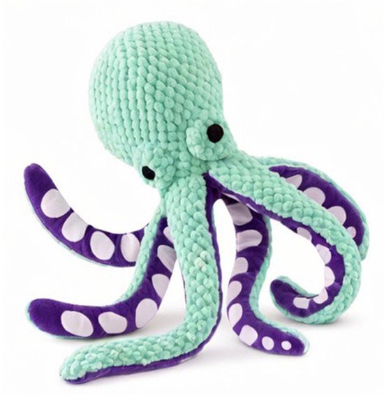 Mintgroene octopus knuffel met paarse tentakels en witte stippen