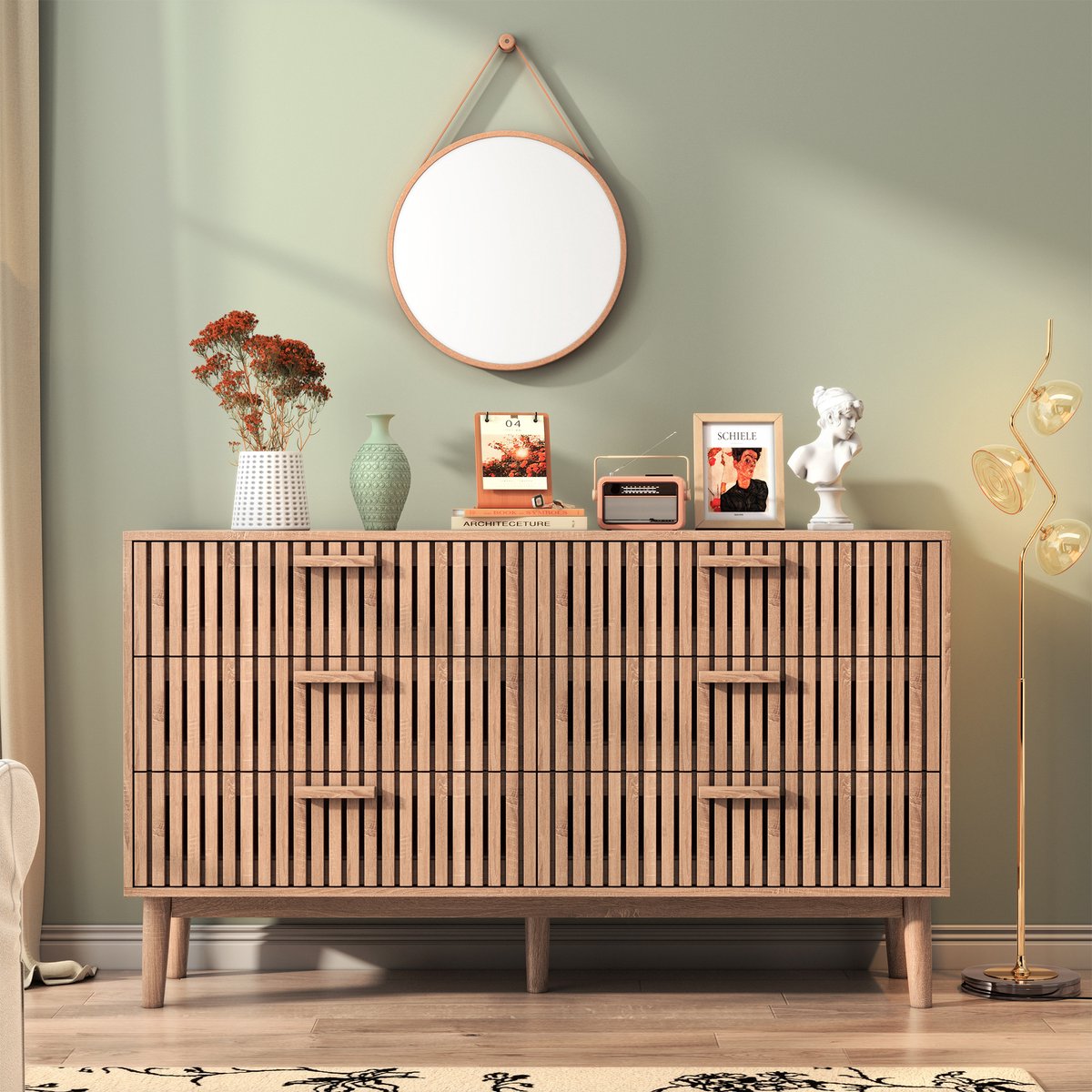 Solvenrik Houten Ladekast 6 Lades Naturel – Commode met Houten Handgrepen & Latten Front – Opbergkast 100x34x73 cm