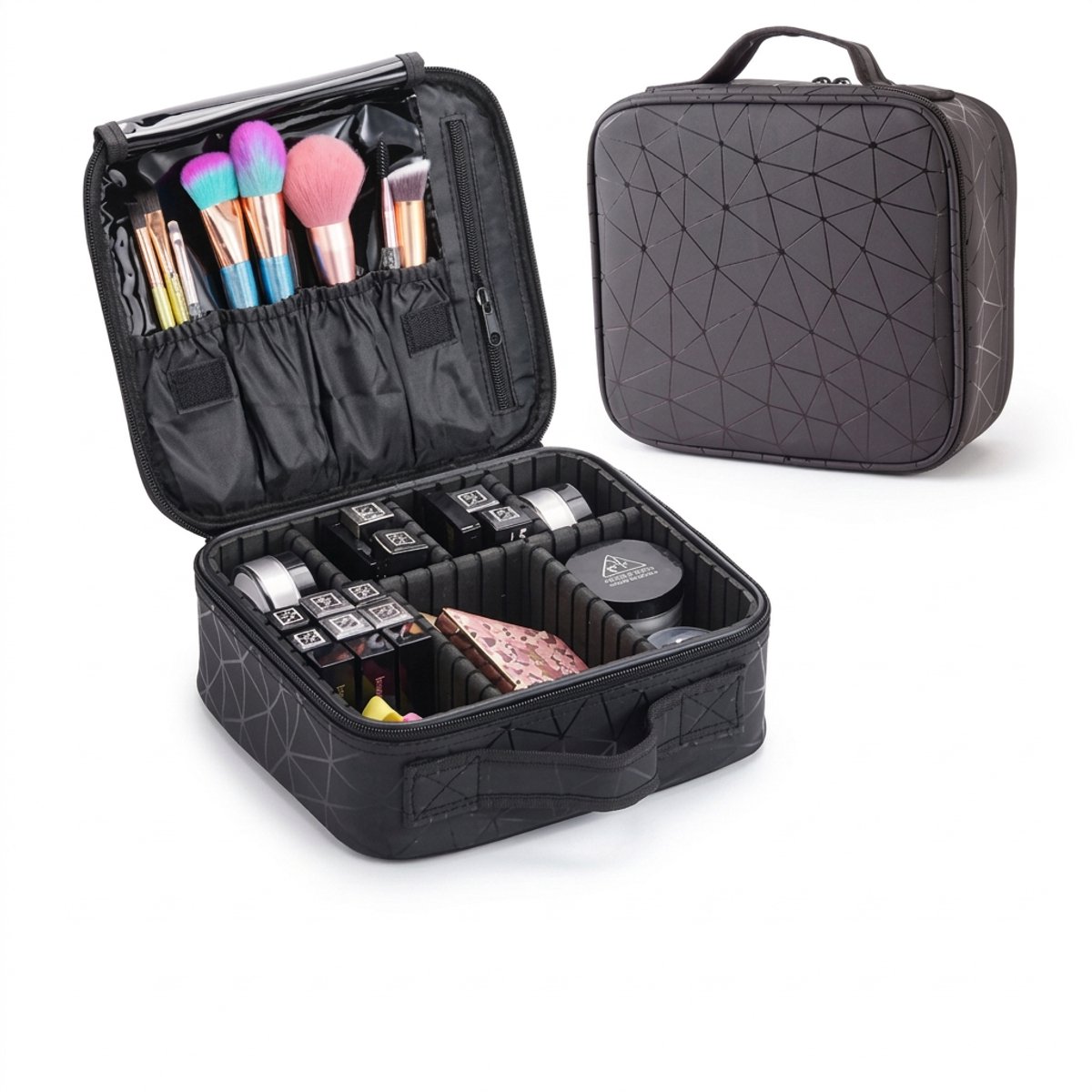 Hearyoo Toilettas Met Compartimenten – Make-up Organizer Met Kwastenvak – Grote Reis Toilettas – Zwart