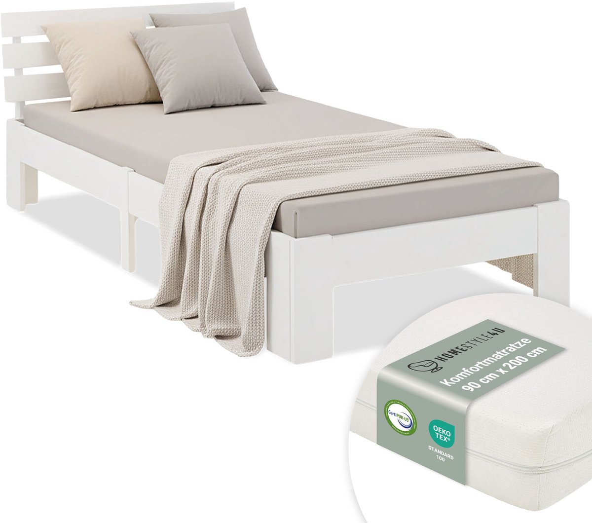 Homestyle4u Eenpersoonsbed - 90x200 cm - met Matras en lattenbodem - Wit