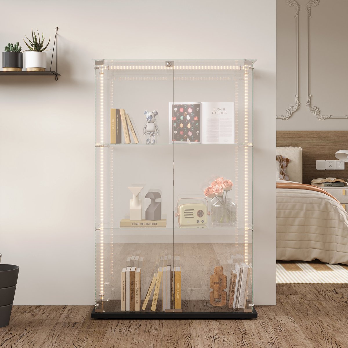 Glazen Vitrinekast 2 Deuren – 3 Planken – LED Strip – Afsluitbaar – Zwart