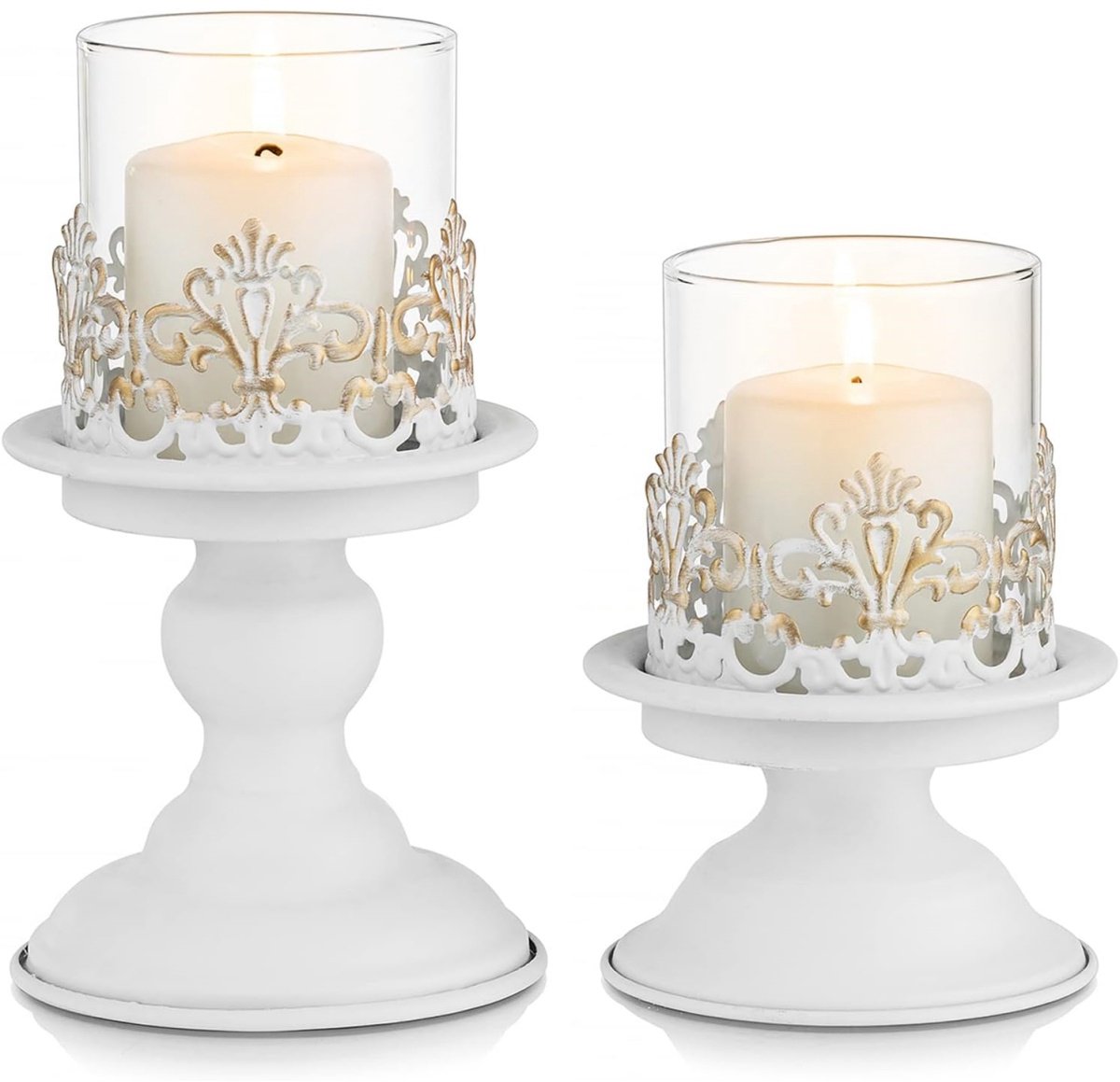 longziming -Kaarsenhouders – Vintage Metalen Windlichten voor Stompkaarsen – Vintage bloemendesign – Metaal en glas – Decoratie voor Woonkamer en Tafel – 2 stuks