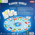 Achterkant van het bordspel "Vlaggen rond de Wereld Kennisquiz", met speelbord, kaarten, regels en productinformatie.
