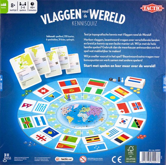 Achterkant van het bordspel "Vlaggen rond de Wereld Kennisquiz", met speelbord, kaarten, regels en productinformatie.