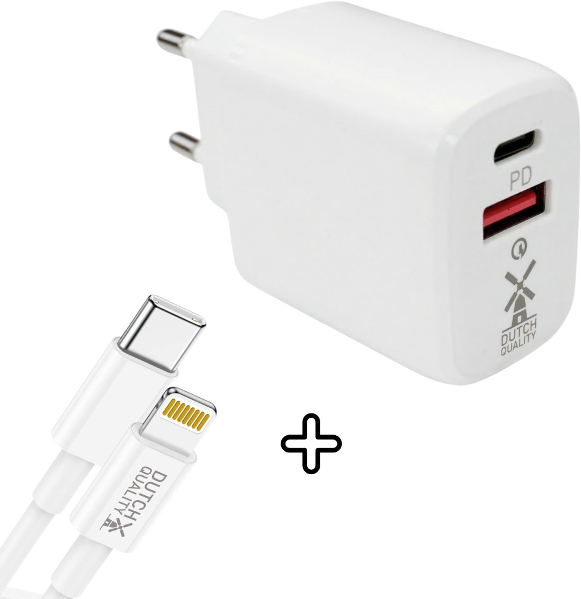 Dutch Quality® USB C 30 Watt Adapter oplader USB stekker MET 1 meter USB C naar Lightning kabel - Telefoon oplader - Snellader - USB-C PD Fast Charge - USB-A Quick Charge 3.0 - Incl. kabel geschikt voor Apple iPhone 14/13/12/11/10 - Oplaadblok USB