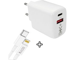 Dutch Quality® USB C 30 Watt Adapter oplader USB stekker MET 1 meter USB C naar Lightning kabel – Telefoon oplader – Snellader – USB-C PD Fast Charge – USB-A Quick Charge 3.0 – Incl. kabel geschikt voor Apple iPhone 14/13/12/11/10 – Oplaadblok USB