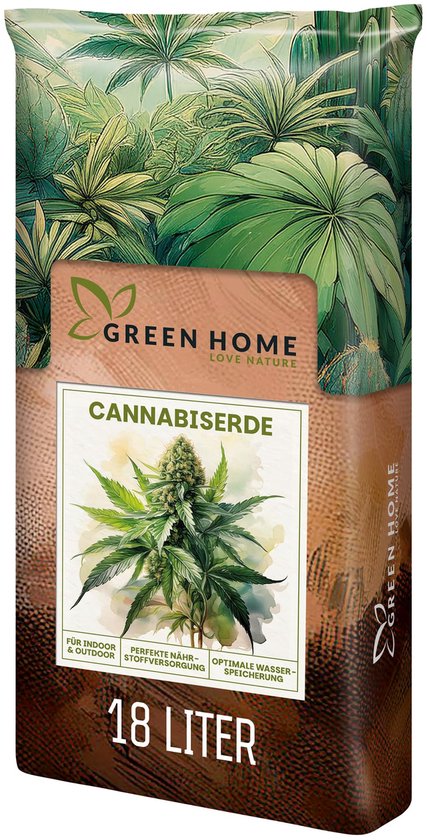 Zak cannabisgrond van Green Home met een illustratie van een cannabisplant en de tekst '18 LITER'.