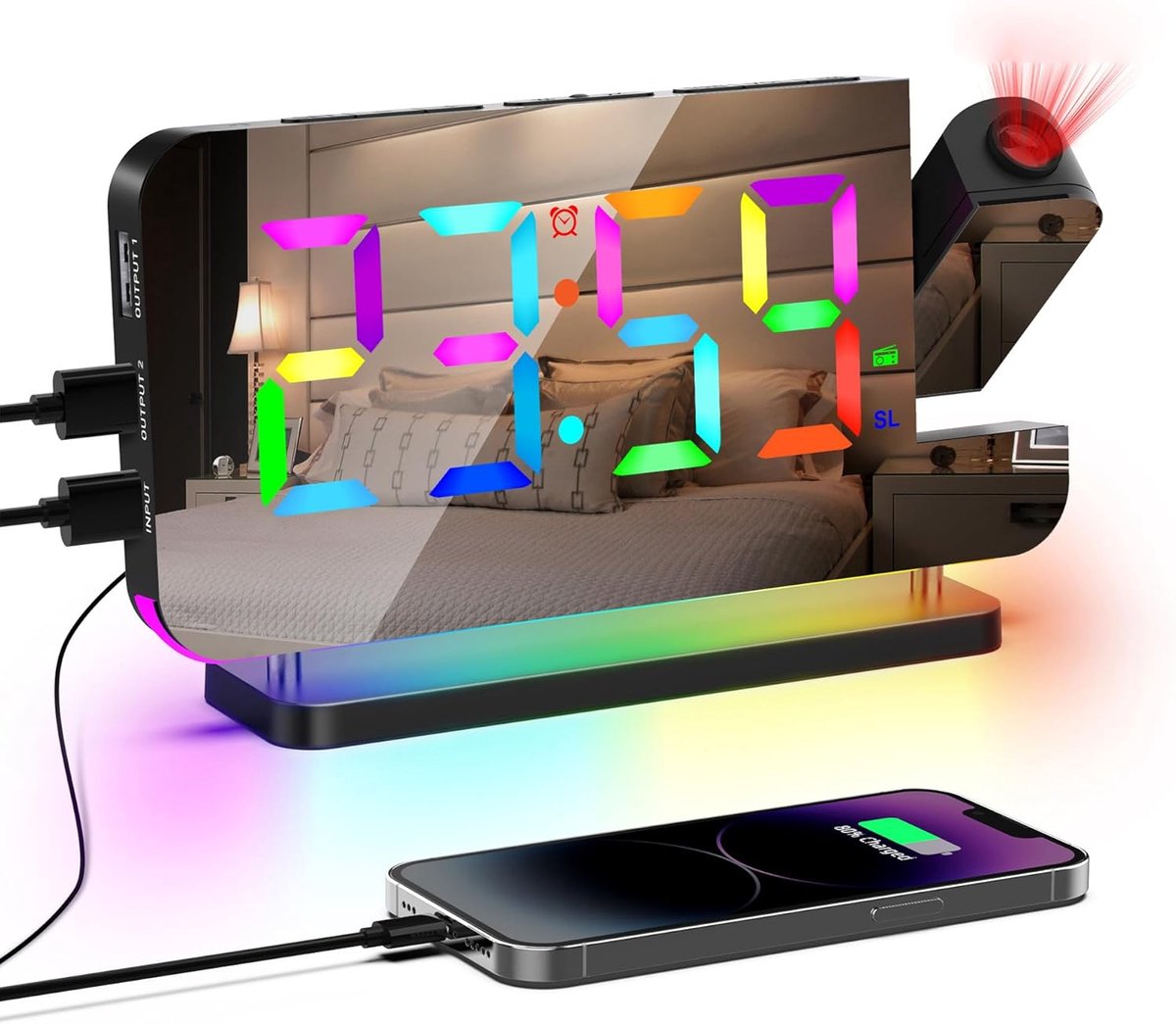 Digitale Projectie Wekker met FM Radio, RGB Achtergrondverlichting, 6 Helderheidniveaus, USB Oplader en Snooze Functie - 180° Draaibare Projectie