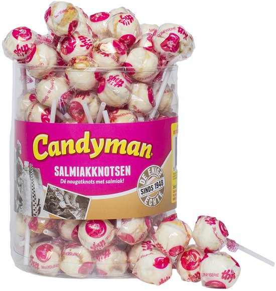 Een doorzichtige container gevuld met Candyman Salmiakknotsen lolly's, met de tekst 'Candyman Salmiakknotsen'.