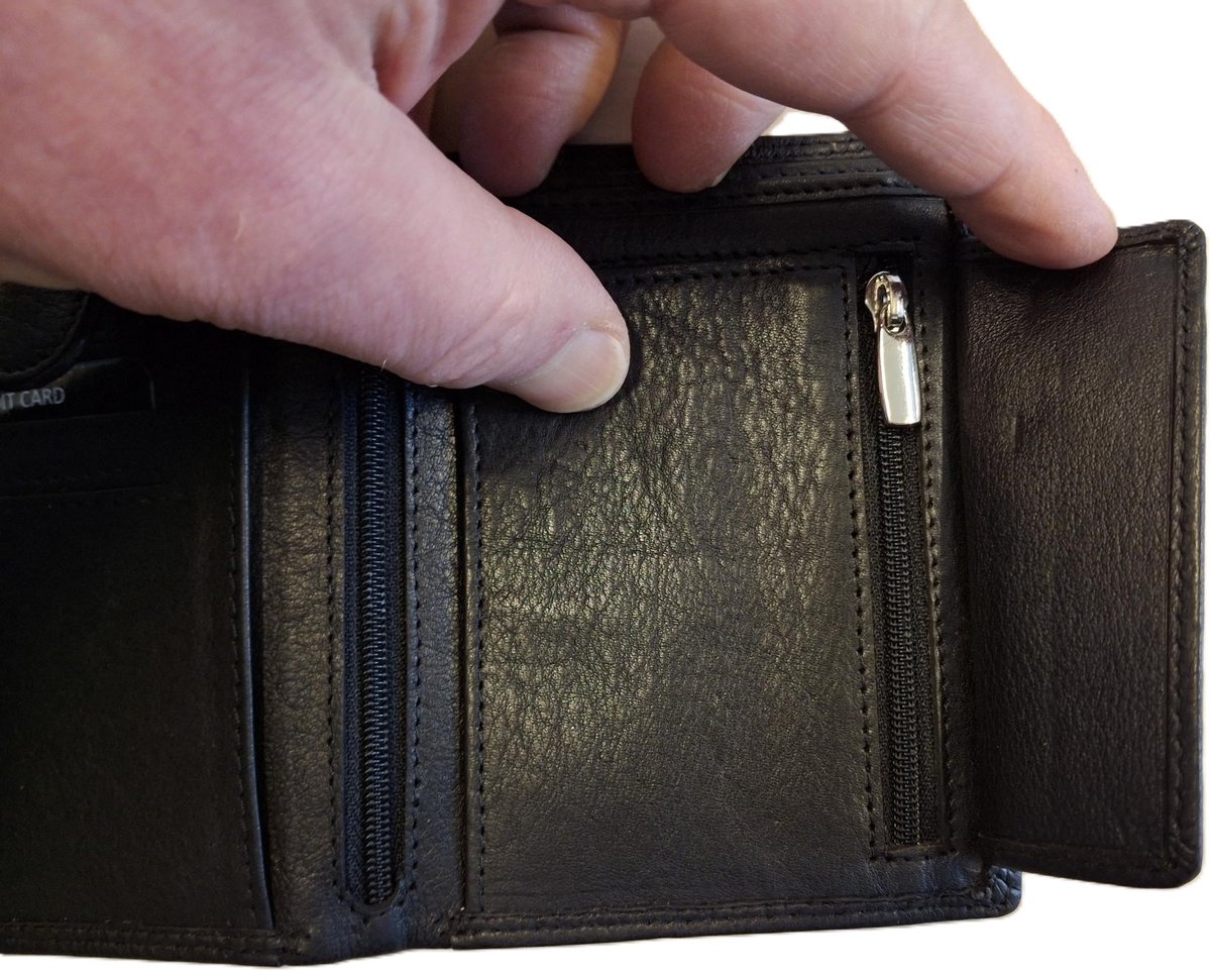 OI zwarte lederen heren portemonnee met rits voor kleingeld / zwarte leren billfold hoog model met ritsvak voor munten / beurs voor veel pasjes / RFID SAFE / zwart leer / 104A