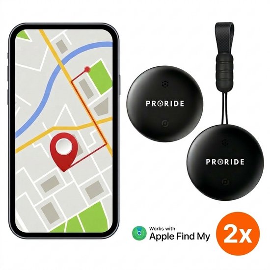 Twee zwarte ronde Proride trackers naast een smartphone met een kaart en rode pin.