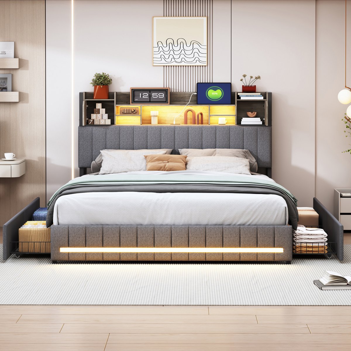 Solvenrik Bed 140x200 met Lades & LED – Stoffen Bedframe met Opberg Hoofdbord – Grijs