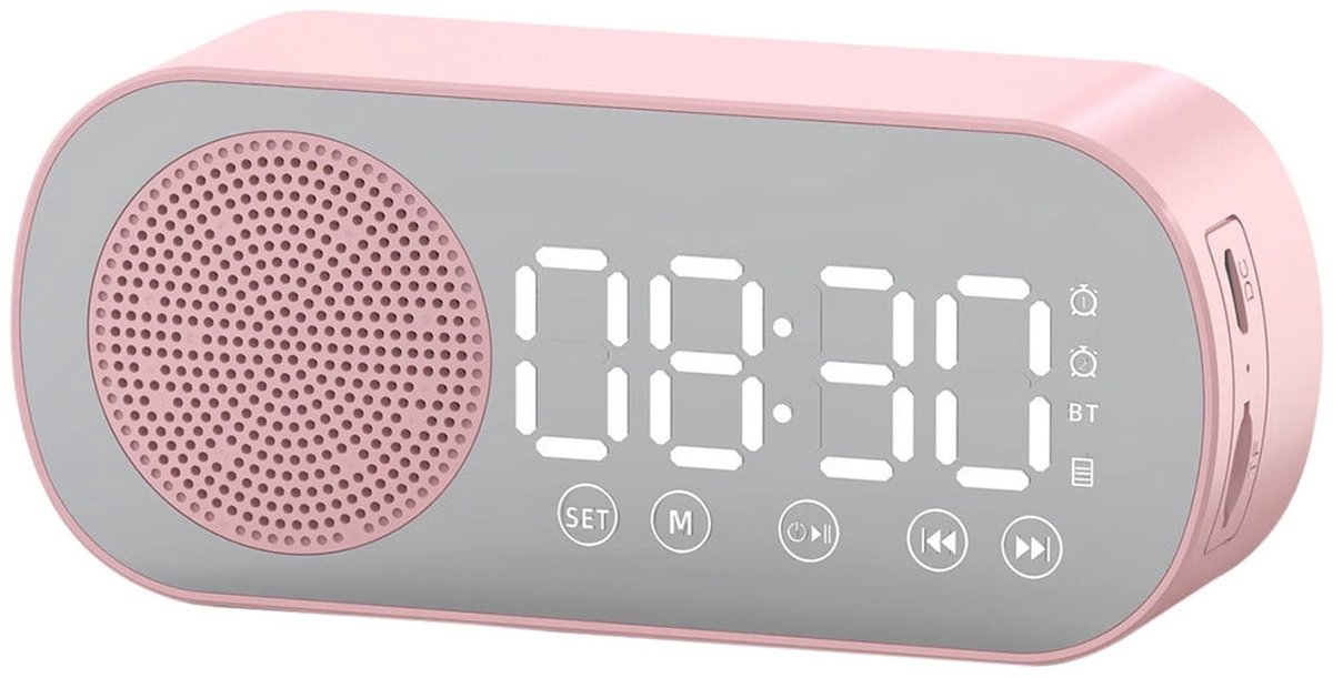 Bluetooth Speaker Wekker - Digitale Wekker - Bluetooth Speaker - met LED Spiegeldisplay - Twee Alarmen met Hoog Volume - Geschikt voor Diepe Slapers - Roze