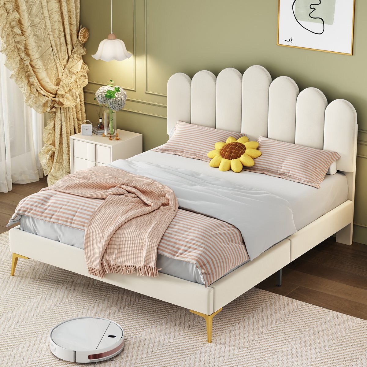 MODFU Bedframe 140x200 cm, beige fluweel, met verstelbaar hoofdbord en lattenbodem