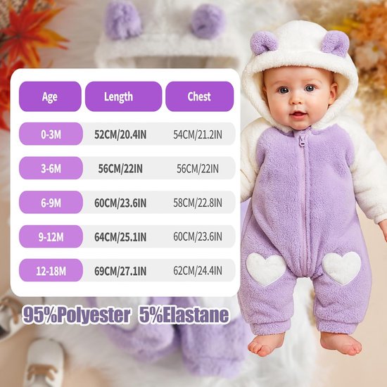 Pasgeboren meisje fleece jumpsuit met capuchon - Winter sneeuwpak - Uit één stuk - 0-3 maanden t/m 12-18 maanden — afbeelding 3
