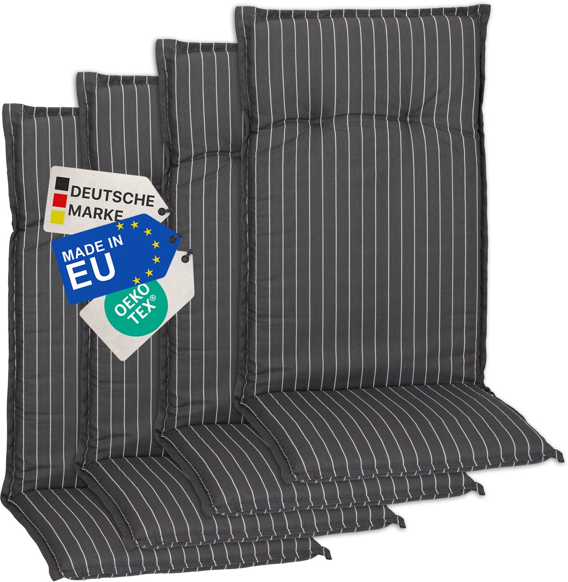 NYVI Tuinstoelkussens Hoog 4-delig Barcelona - UV-bestendig, Ademend, Duurzaam - Kussens Outdoor - Zitkussens voor tuinstoelen 118x50cm Grijs Witte Strepen