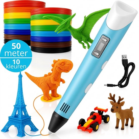 Lichtblauwe 3D-pen met USB-kabel, stapels gekleurd filament en 3D-geprinte modellen van een dinosaurus, renauto, hert en Eiffeltoren.