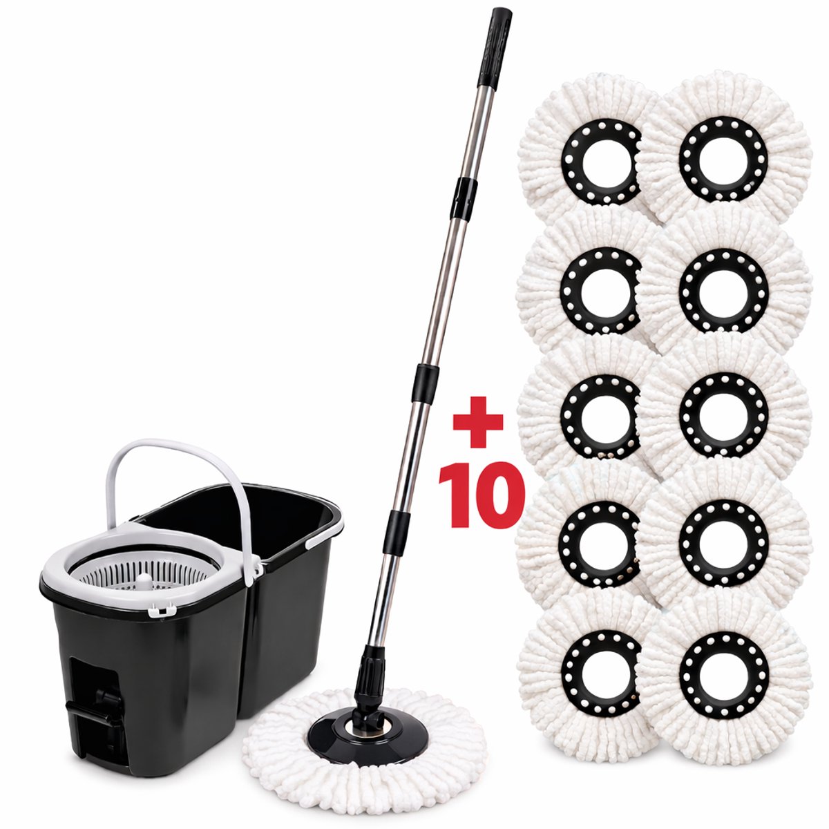 Dweilmopset met emmer, vloerwisserset met 6 microvezel moppads en 132 cm roestvrijstalen handgreep, spin mop en emmerset met uitwringfunctie, geschikt voor alle vloeren