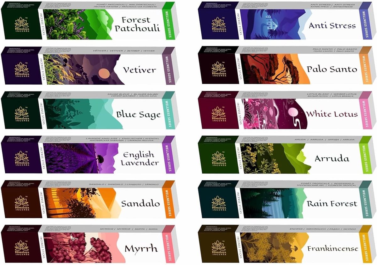 Himalaya Premium Wierookstokjes Assortiment - 12 x 15g - Mix van 12 Geuren o.a. Patchouli, Palo Santo & Sandelhout - Agarbatti Wierook Giftset Voordeelverpakking Lavender, Anti-Stress & White Lotus - Natuurlijke Aroma's met Kajal Sticker