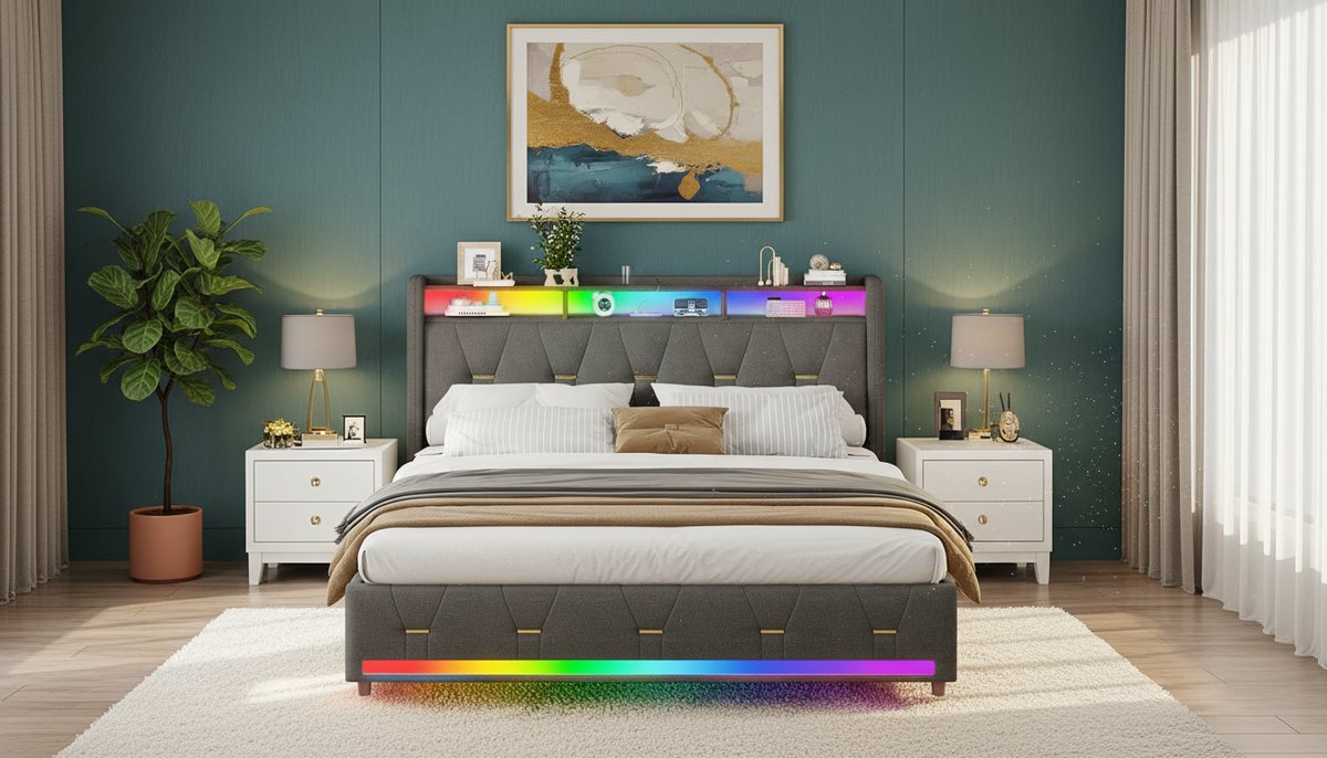 Gestoffeerd Tweepersoonsbed 160x200 cm met 4 Opberglades, LED-verlichting, USB & Type-C Oplaadstation – Casa Velluto Luxe Bed met Opberghoofdbord, Houten Lattenbodem, Linnen Stoffering – Modern Bedframe Grijs