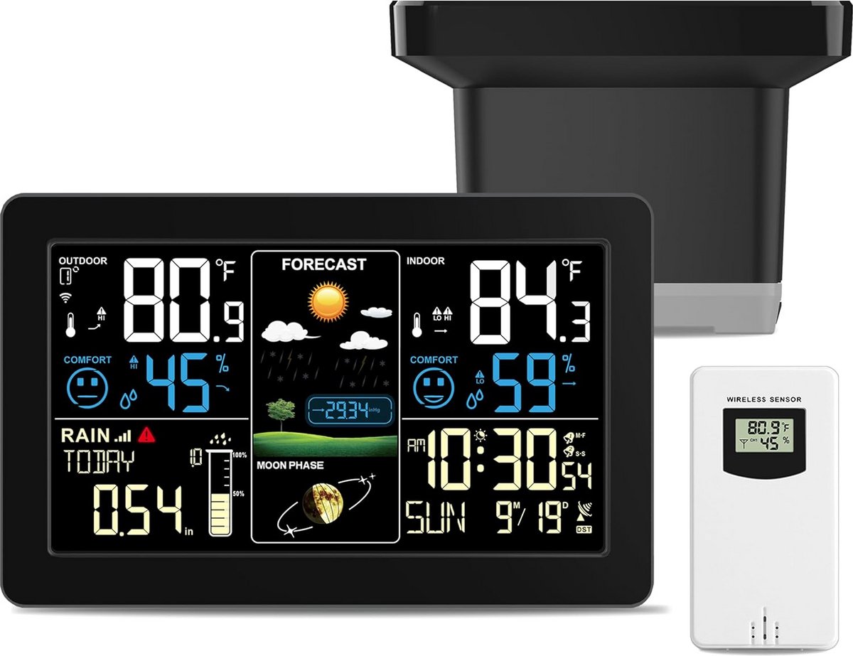 Weerstation met regenmeter - Buiten weerstation - Tuinieren en voorspellen - Draadloze sensoren en atoomklok