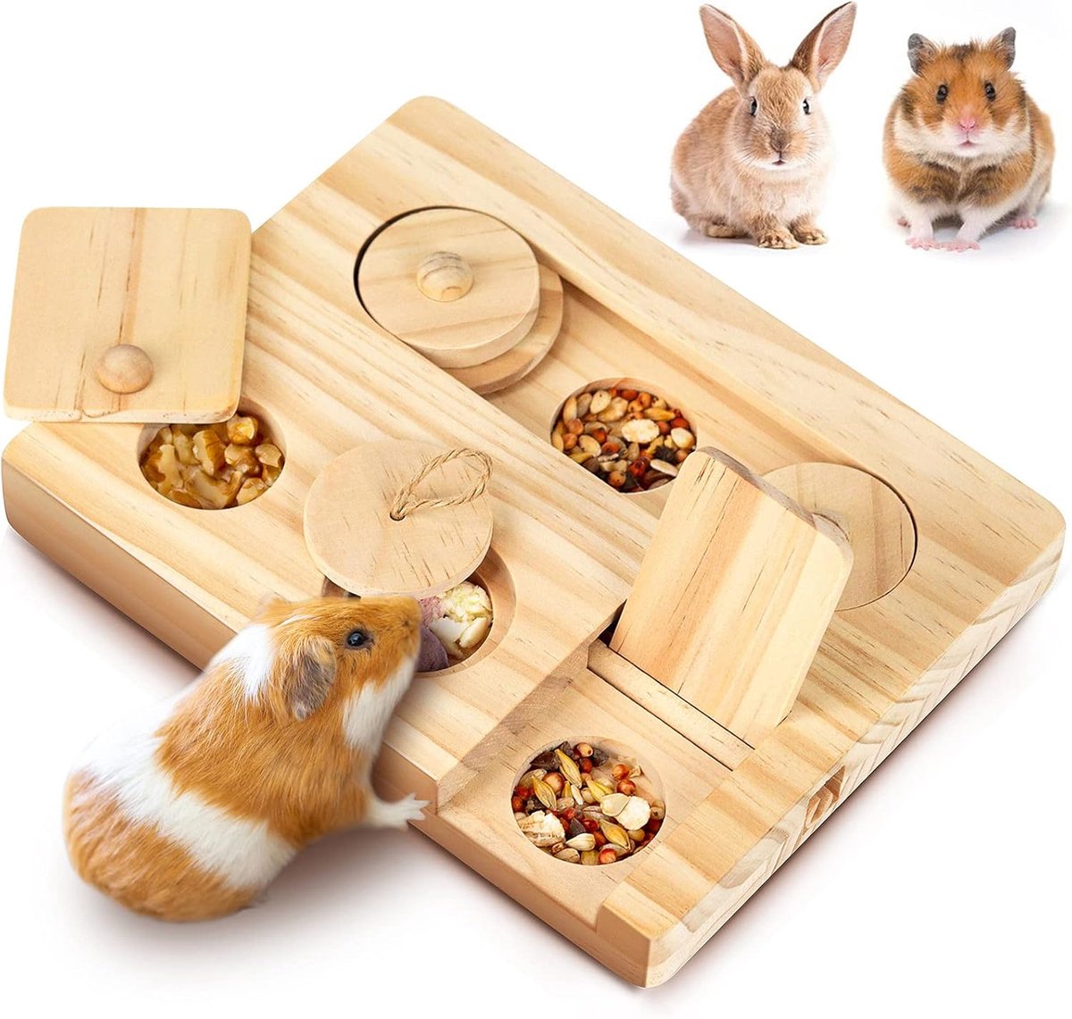 Voedselzoek-speelgoed Voor Cavia's, 6-in-1 Interactief Houten Ontwikkelingsspeelgoed Voor Hamsters, Voerbak Voor Hamsters, Snackautomaat Voor Kleine Huisdieren, Geschikt Voor Konijnen, Chinchilla's, Ratten En Zandmuizen