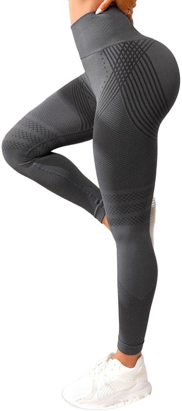 Legging gris foncé sans couture taille haute avec effet scrunch sur les fesses. Texture à losanges et lignes rayées.