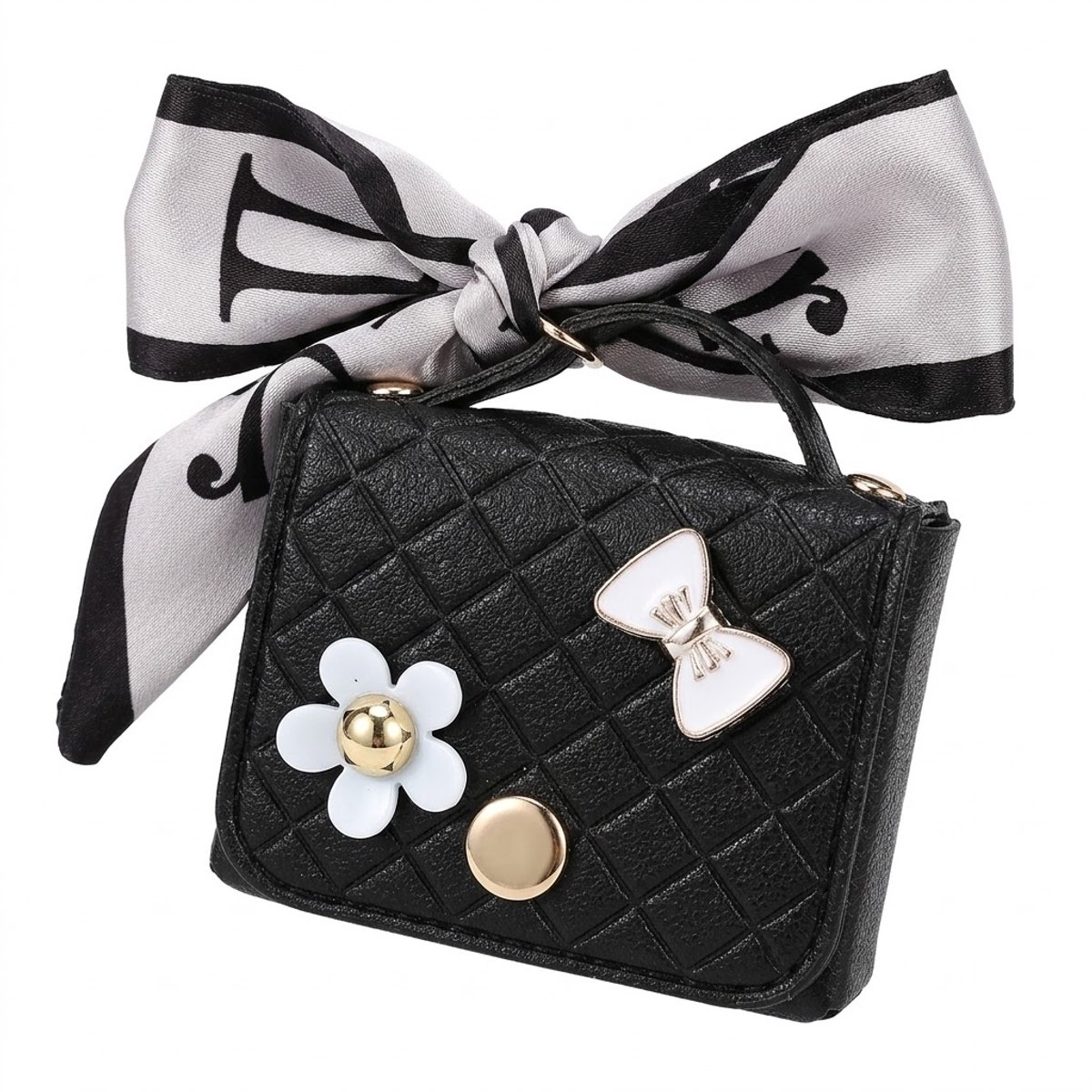 Zwart hoesje voor oordopjes dames met strik en decoratieve details geschikt voor AirPods 4 kunstleer hardcase met ring en lint