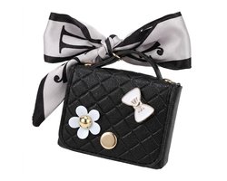 Zwart hoesje voor oordopjes dames met strik en decoratieve details geschikt voor AirPods 4 kunstleer hardcase met ring en lint