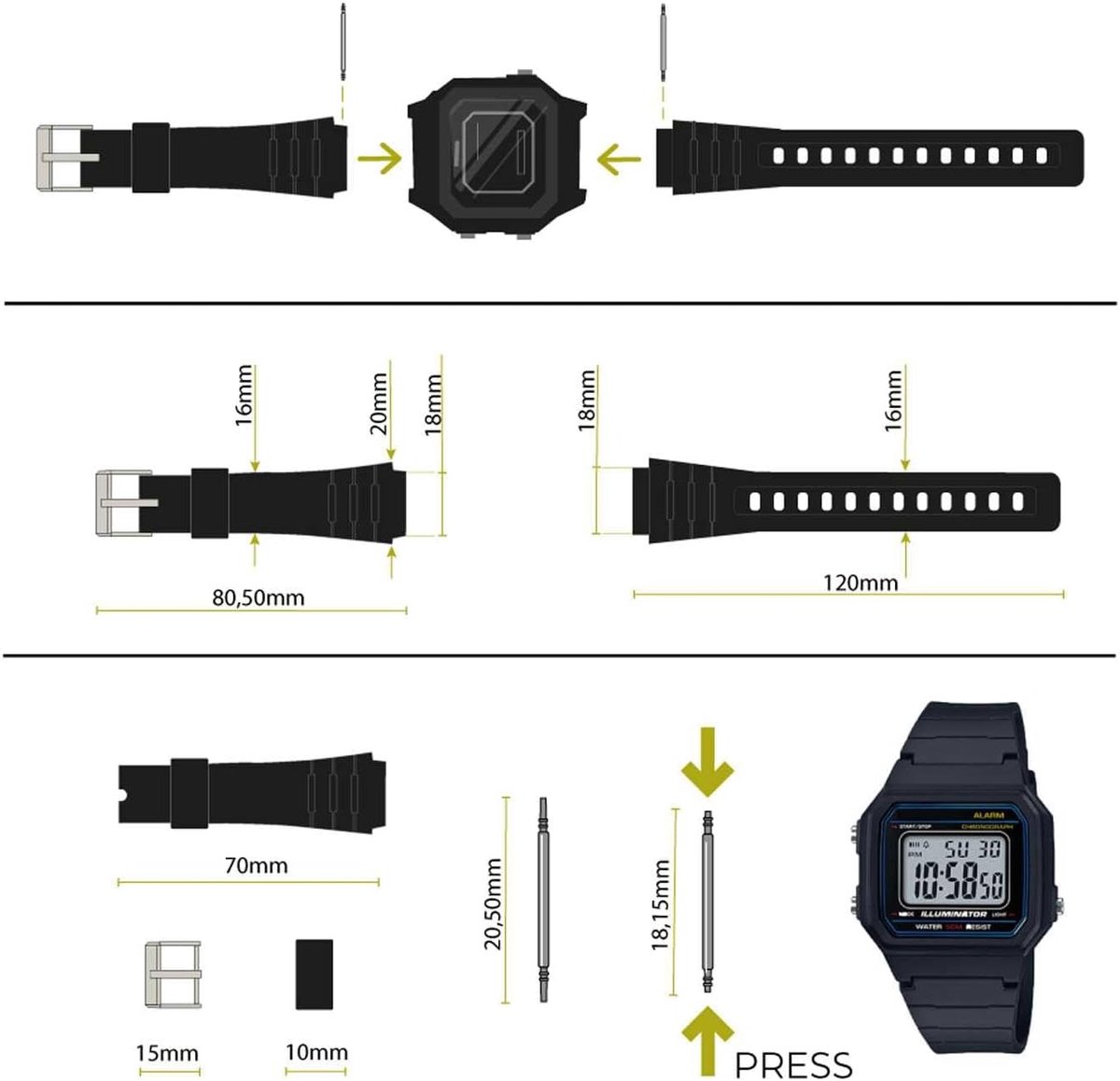 Horlogeband voor Casio F-91W 18mm - Zwart Kunststof met Metalen Sluiting - 2 Montagepinnetjes