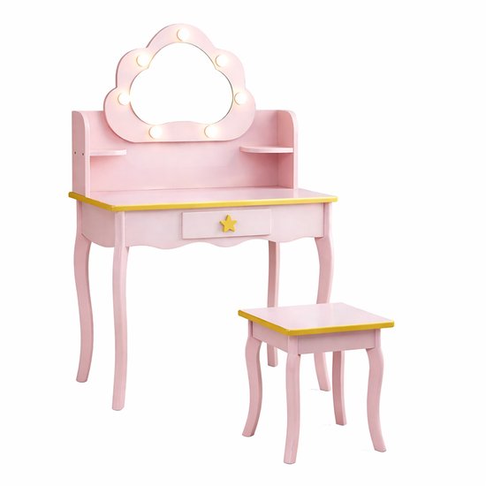 Roze kinderkaptafel met spiegel met LED-verlichting en krukje. Geel accent.