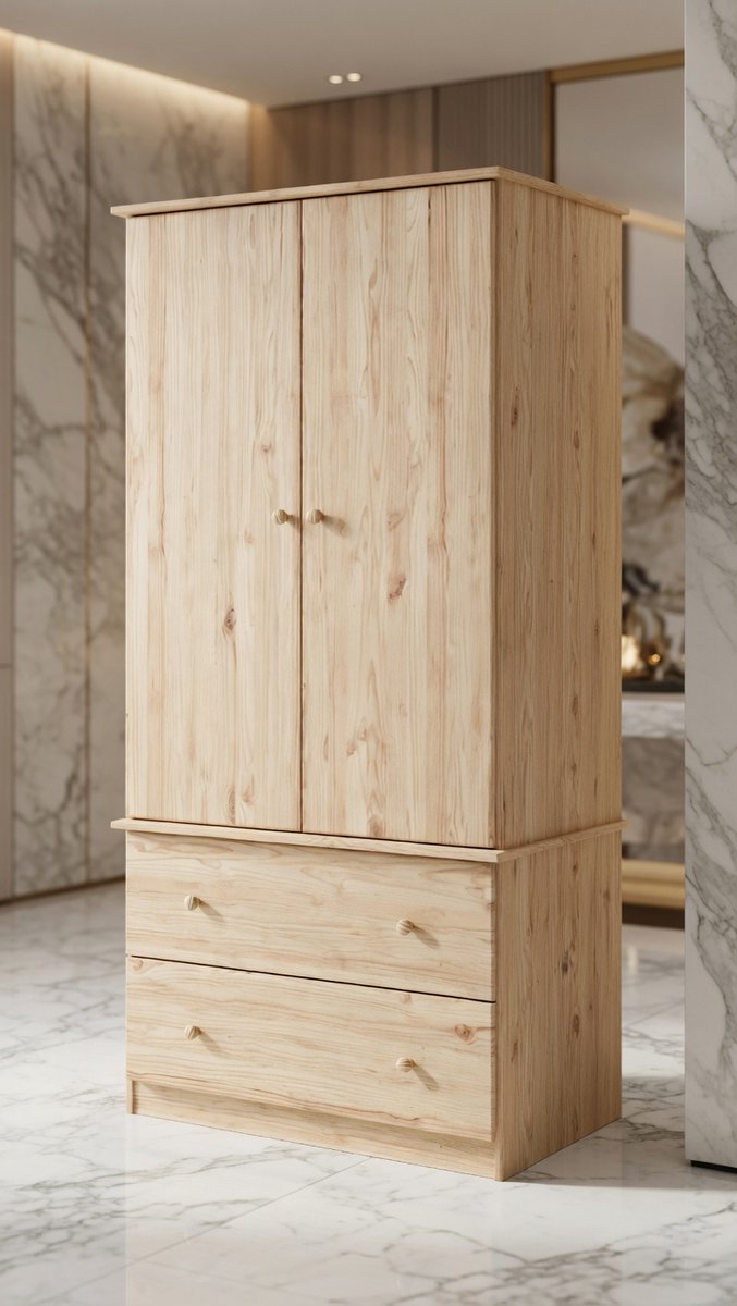 Massief Grenen Kledingkast 90x55x170 cm met 2 Lades en Kledingstang – Landelijke Garderobekast voor Slaapkamer & Hal – Bruin | House&Garden