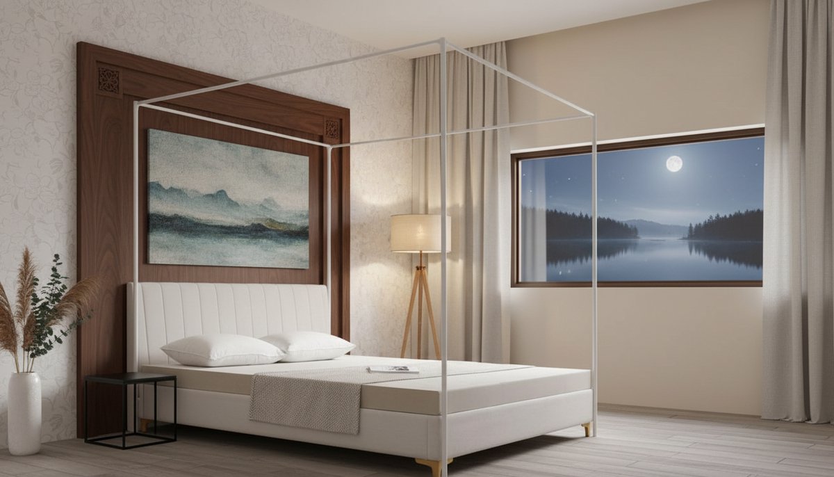 Canopy Bed Frame Single – Casa Velluto Luxe Enkele Luifel Bedframe, 4-Poot Overkapping, Verdikte Metaal Palen, Geschikt voor Hout/Metaal Bed, Modern Witte Slaapkamer Decoratie
