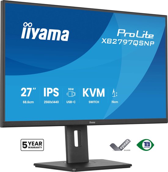 27″ QHD IPS Monitor iiyama ProLite XB2797QSNP USB-C Dock 96W, KVM, LAN, Verstelbaar, 4x USB-Hub