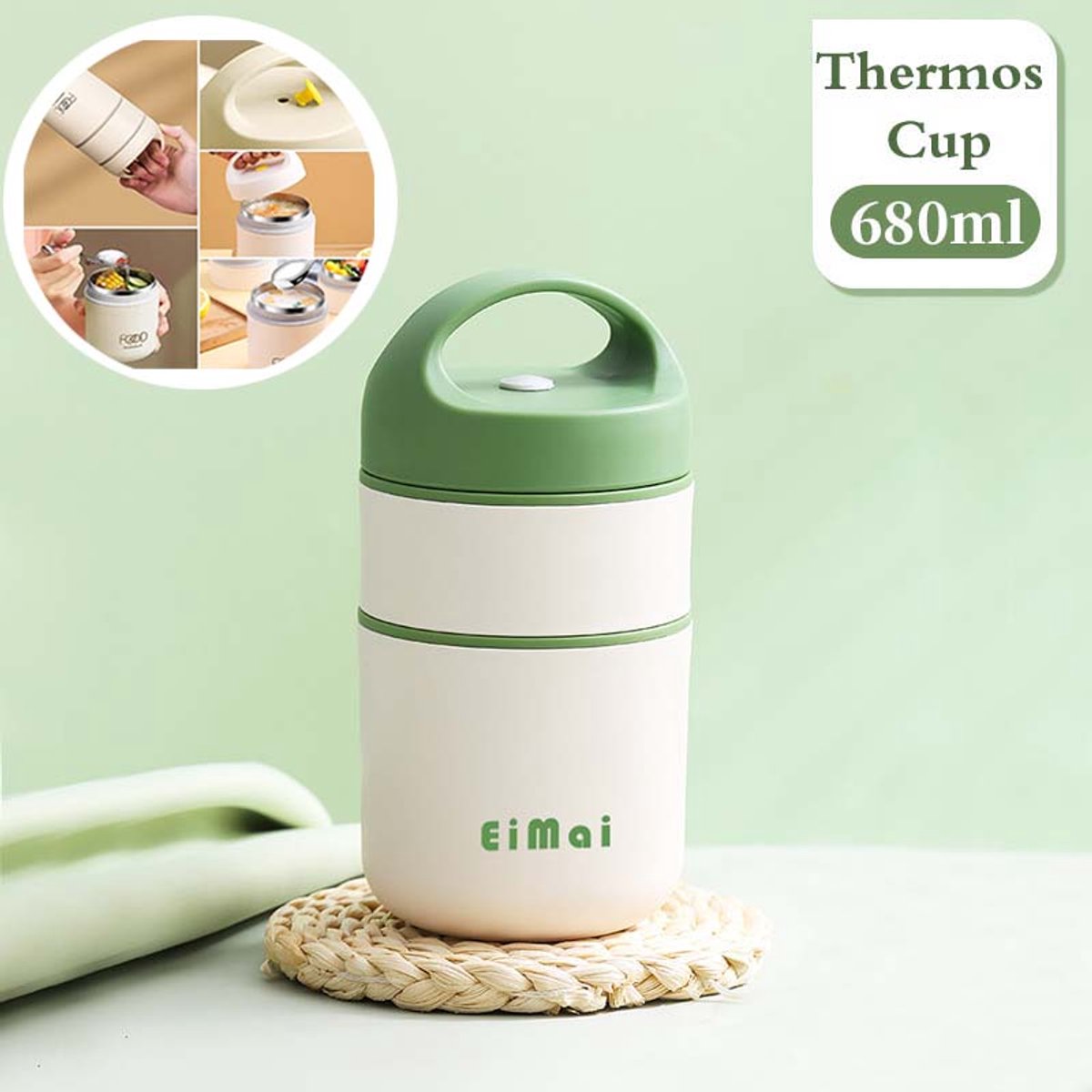 Dubbele Lunchdoos - 680ml - Lekkagebestendige Lunchdoos - Multifunctionele Graanbeker - Geschikt Voor School, Werk, Picknicken En Reizen (Lichtgroen)
