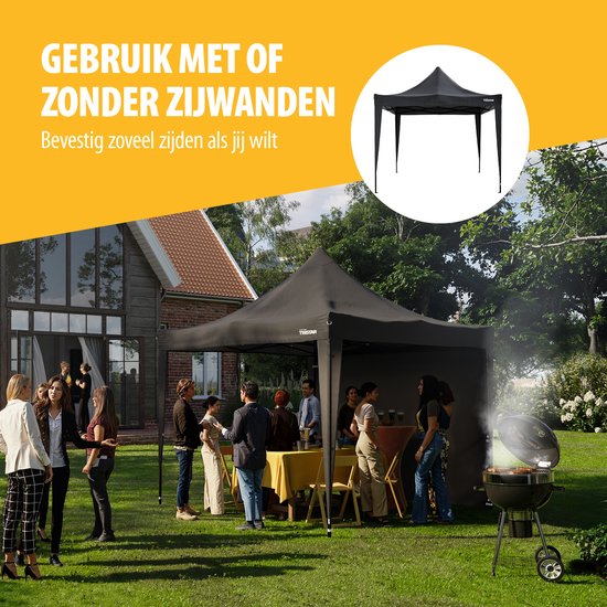 Een antracietkleurige partytent met open zijkanten, met mensen die zich buiten verzamelen. Tekst: 'GEBRUIK MET OF ZONDER ZIJWANDEN'.