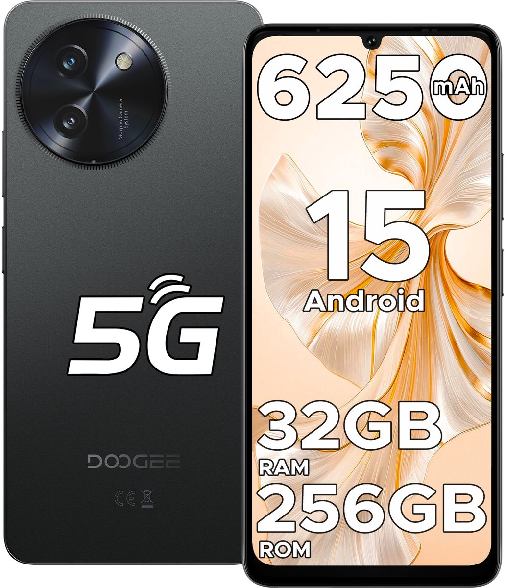 DOOGEE Note 59 Pro 5G - Smartphone - Mobiele Telefoon - 32 GB RAM+ 256 GB ROM (2TB/TF) - Android 15- 6,75 inch HD & 120Hz IPS - 6250 mAh - UNISOC T8200 - AI camera - Face ID - Widevine L1 - Zwart