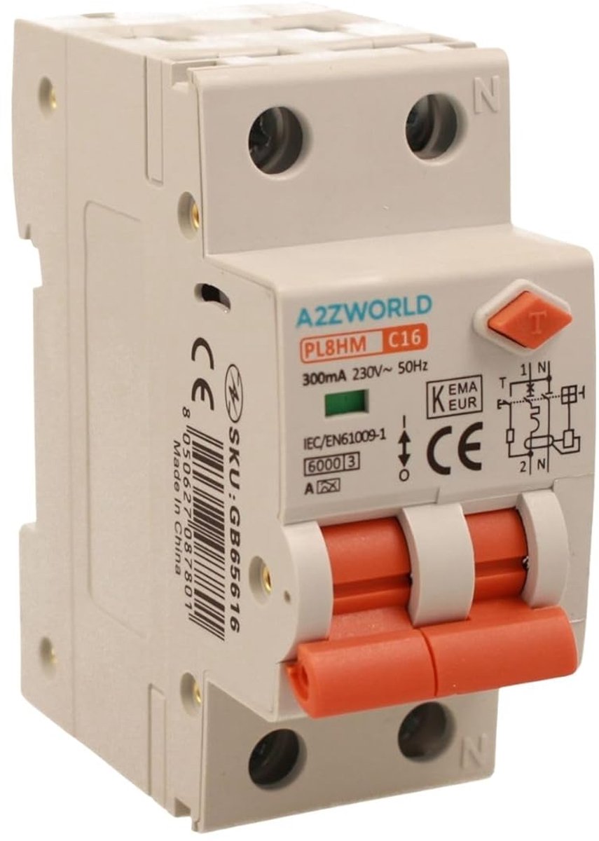 RCBO Stroomonderbreker Type A 16A C-curve voor Woninginstallaties