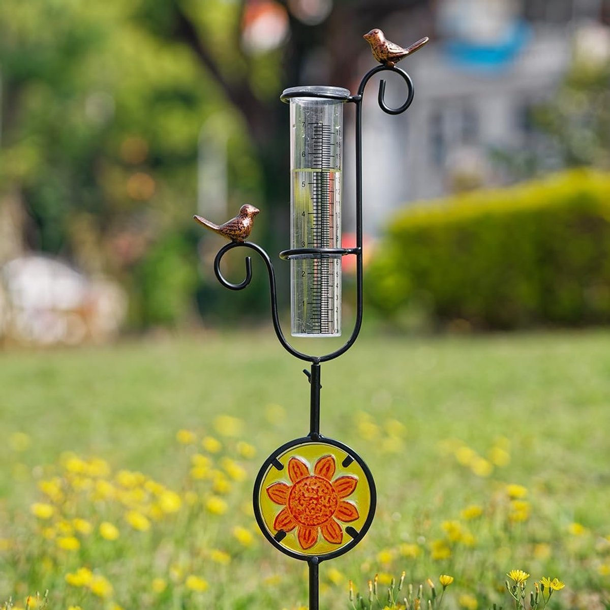 Regenmeter Buiten met Decoratieve Vogel en Glas-in-Lood Tuindecoratie