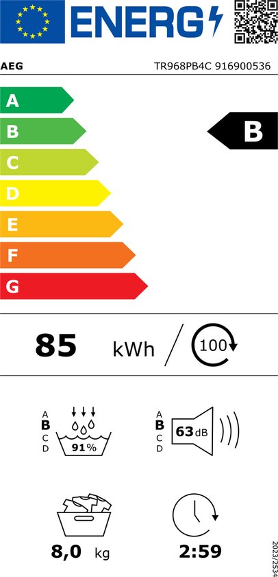 AEG TR968PB4C 9000 AbsoluteCare Plus - Warmtepomp droger - Energielabel B - 8 kg