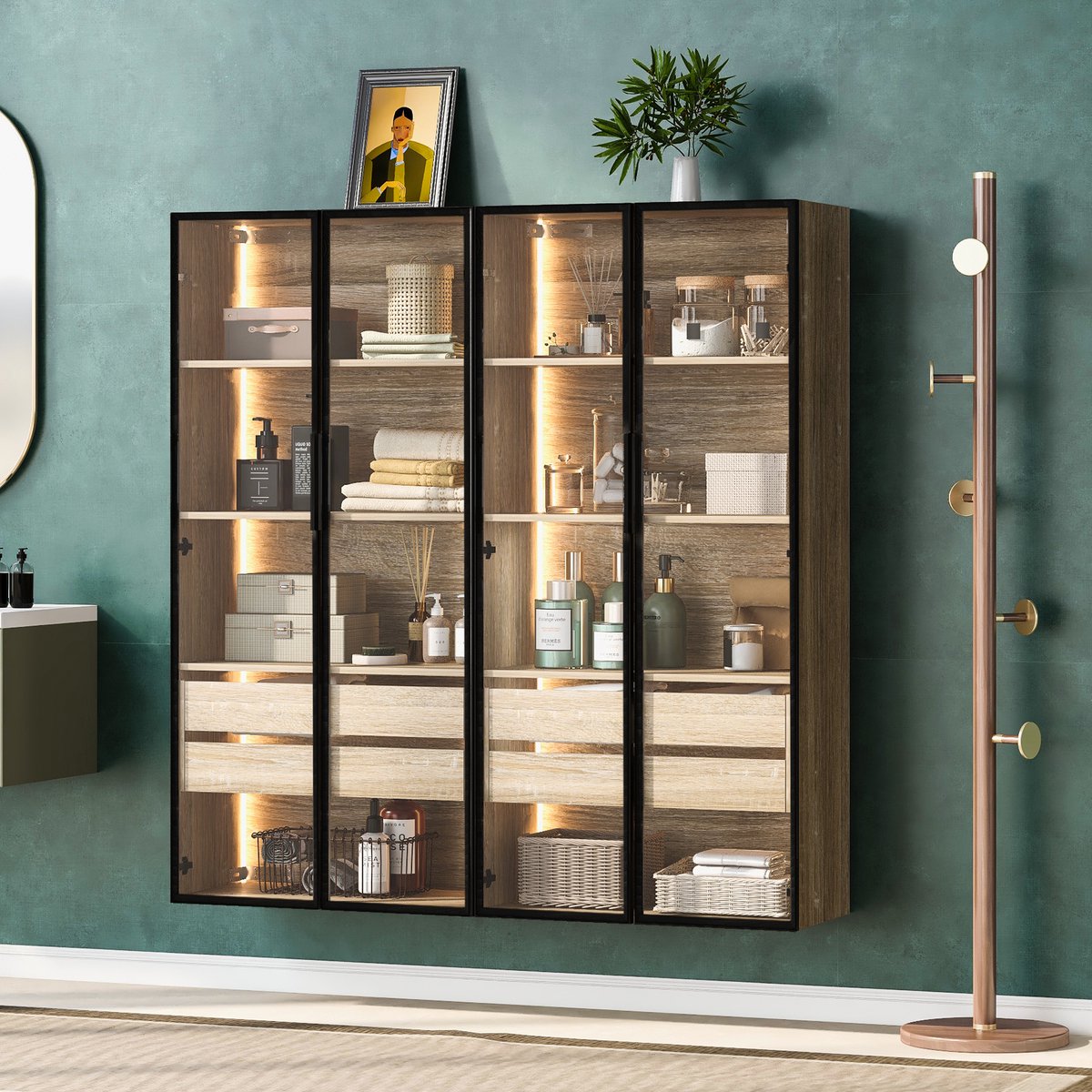 Badkamerkast Set - 73 cm - Set van 2 met LED en 2 Laden - Met Glazen Deuren - Glas - Wit