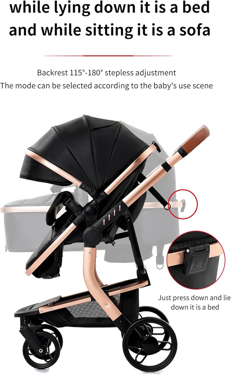 3-in-1 Combi-kinderwagen Systeem - Reissysteem + Standaard Kinderwagen + Buggy voor Pasgeborenen - Opvouwbare Draagbare Reiswieg | Lichtgewicht Hoge Kinderwagen | Robuuste Wielen thumbnail 6