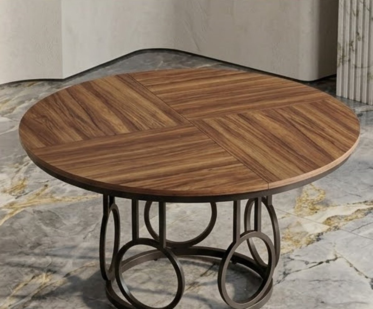 Ronde Eettafel 120 cmNotenhout & Zwart - Industriële Eetkamertafel voor 4 personen - Houten Keukentafel met Metalen Onderstel - Modern Design - Casa Serena – 120 cm – Casa Dorada