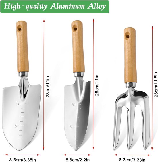 Tuinschep - Tuingereedschap - Tuinschepje - Met Houten Handvat - Aluminium - Handvork - Plantenschep Met Schaalverdeling - Voor Bloembakken - Moestuin - Klein Tuinwerk — afbeelding 3
