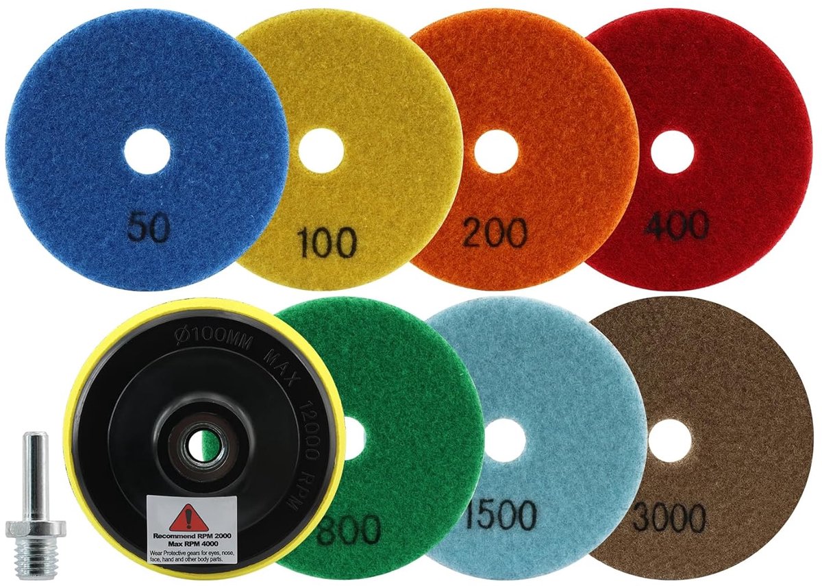 Diamant Polijstschijven 100 mm voor Droog Gebruik - 7 Stuks (#50 – #3000) voor Graniet, Marmer en Kunststeen