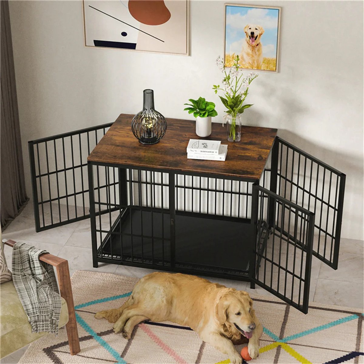LeeuwenChoice® Grote Houten Honden Bench - Binnenmeubel - Ook Te Gebruiken Als Bijzettafel - Met 3 Deuren - Voor Kleine/MiddelGrote Honden - 78x56x65cm