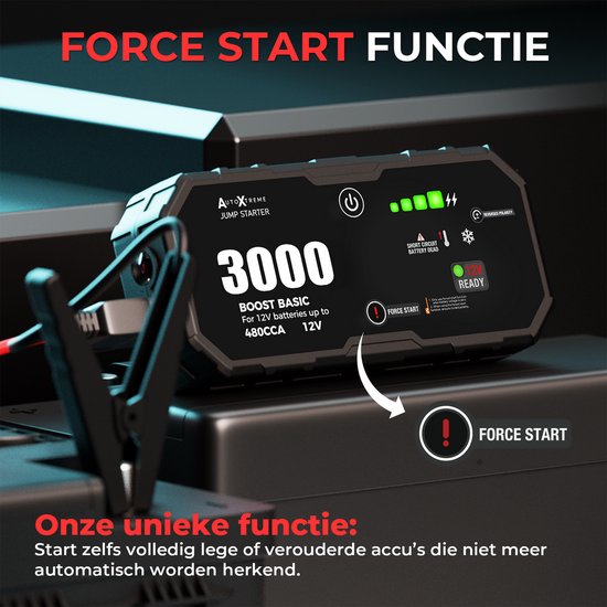 Zwarte jumpstarter 'AutoXtreme BOOST BASIC 3000' met 'FORCE START' pijl en rode tekst.
