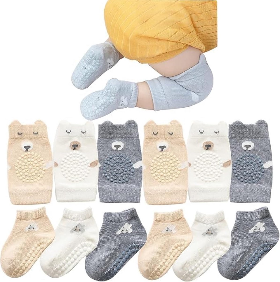 Anti-Slip Kniebeschermers en Sokken Set voor Baby's 3-24 Maanden