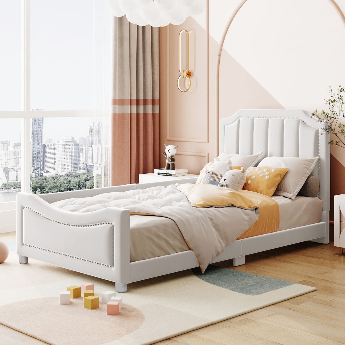 FloraGrace Kinderbed 90x200 cm - Gestoffeerd Bed Met Rugleuning En Armleuningen - Slaapbank - Zonder Matras - Beige Roze