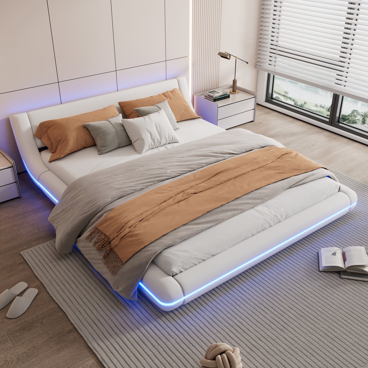 FloraGrace Vloerbed 160x200 cm - Met Led Sfeerverlichting - Tweepersoonsbed in Moderne Stijl - PU - Wit - Zonder Matras